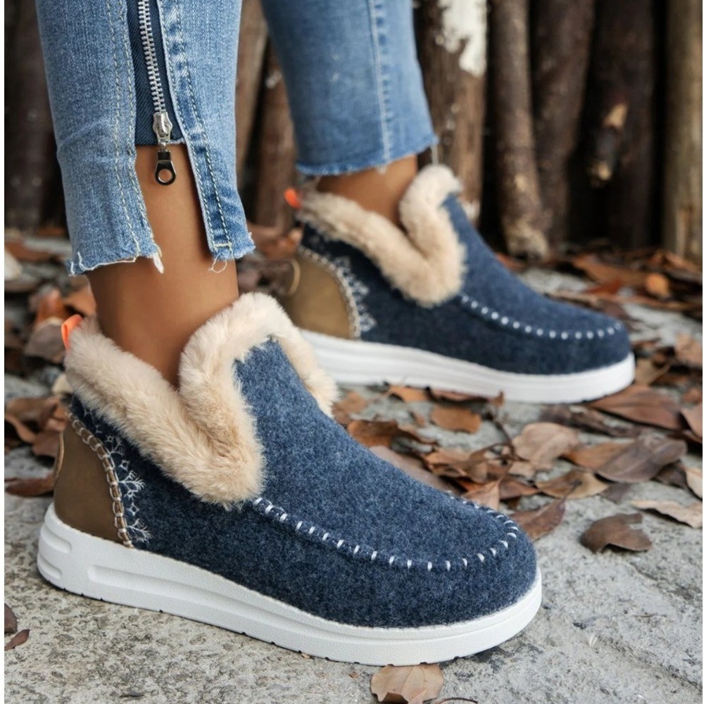 Women's Navy‎ Blue Faux Shearling Fur Lined Ankle Booties Cozy Winter Comfort 42